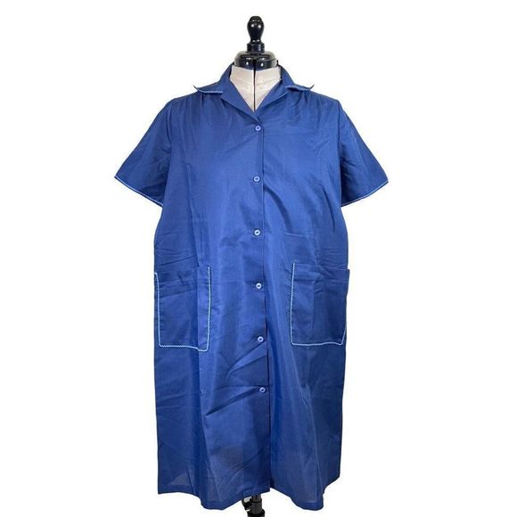 70s Vintage Blue Lightweight Short Sleeve Button Front House Dress with Pockets - Picture 1 of 4